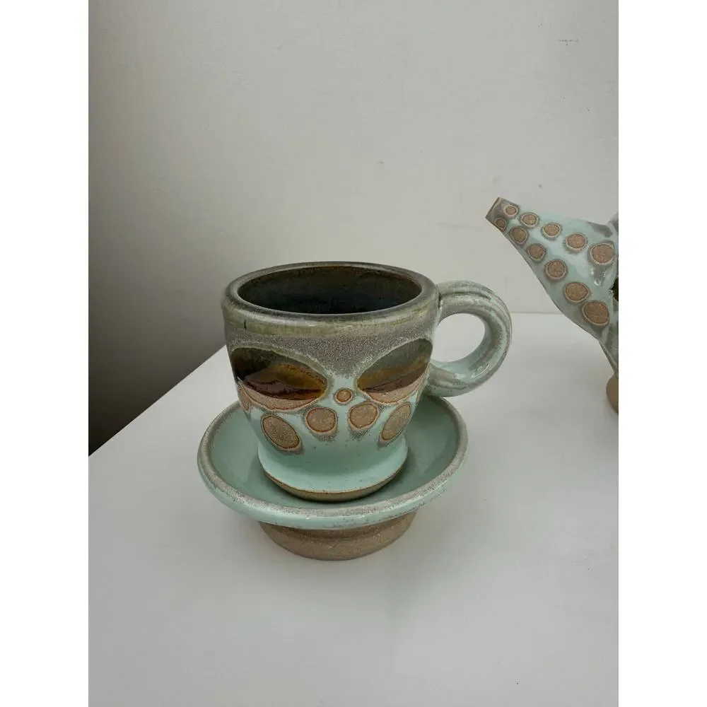 OOAK Blue Beige Ceramic Hand Thrown Pottery Tea Plate Cup Teapot Tea Set 3-Piece